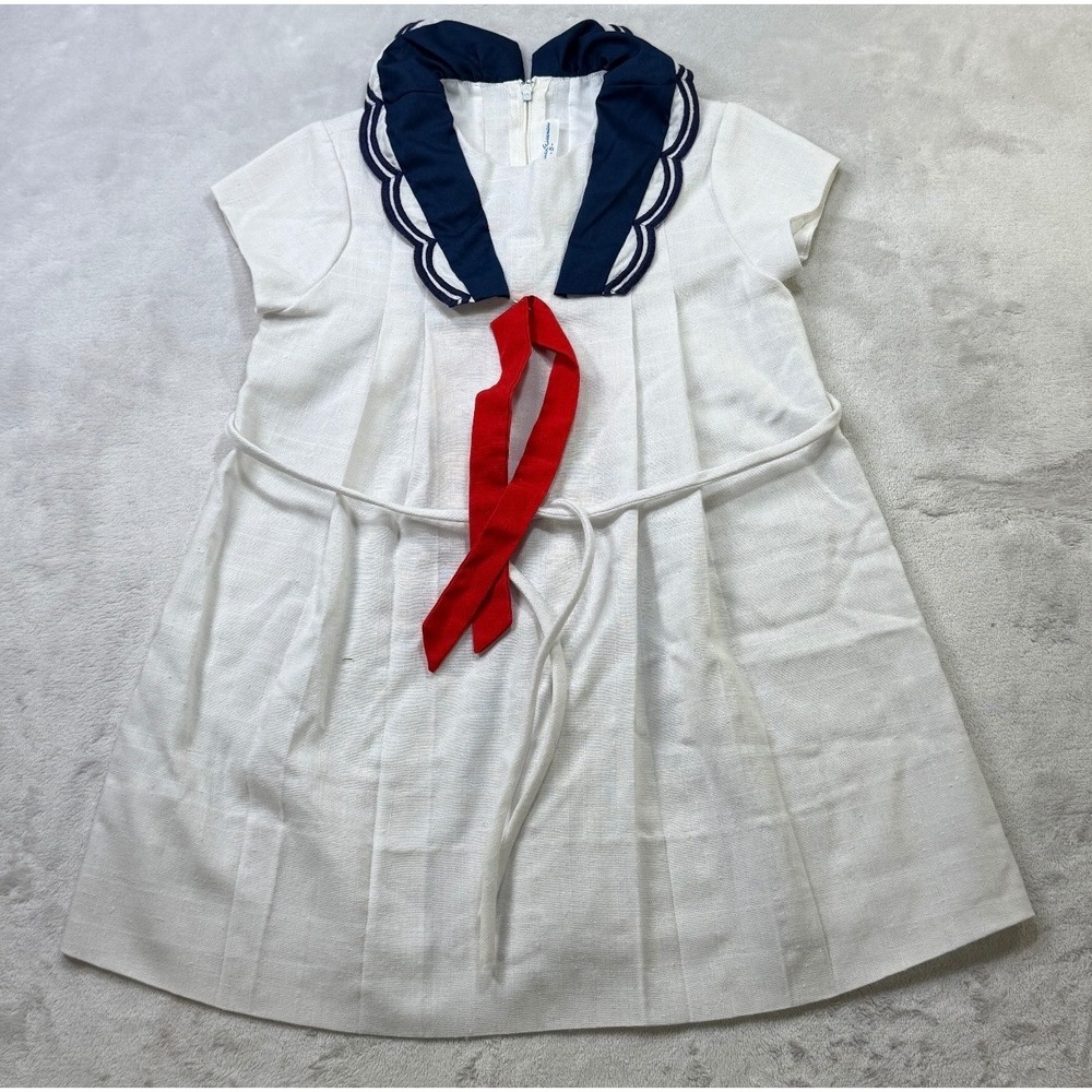 Vintage Florence Eiseman Girls Sailor Dress Size 5 White Navy Red Nautical